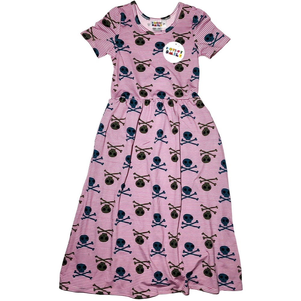 Dot Smile Girls Sz 3 4 Pink Stripe Cross Skulls Maxi Dress Short Sleeve Pocket